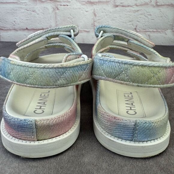 Chanel 22C Green Pink Blue White CC Logo Mule Slide Strap Flat Dad Sandal 40 - Picture 6 of 15